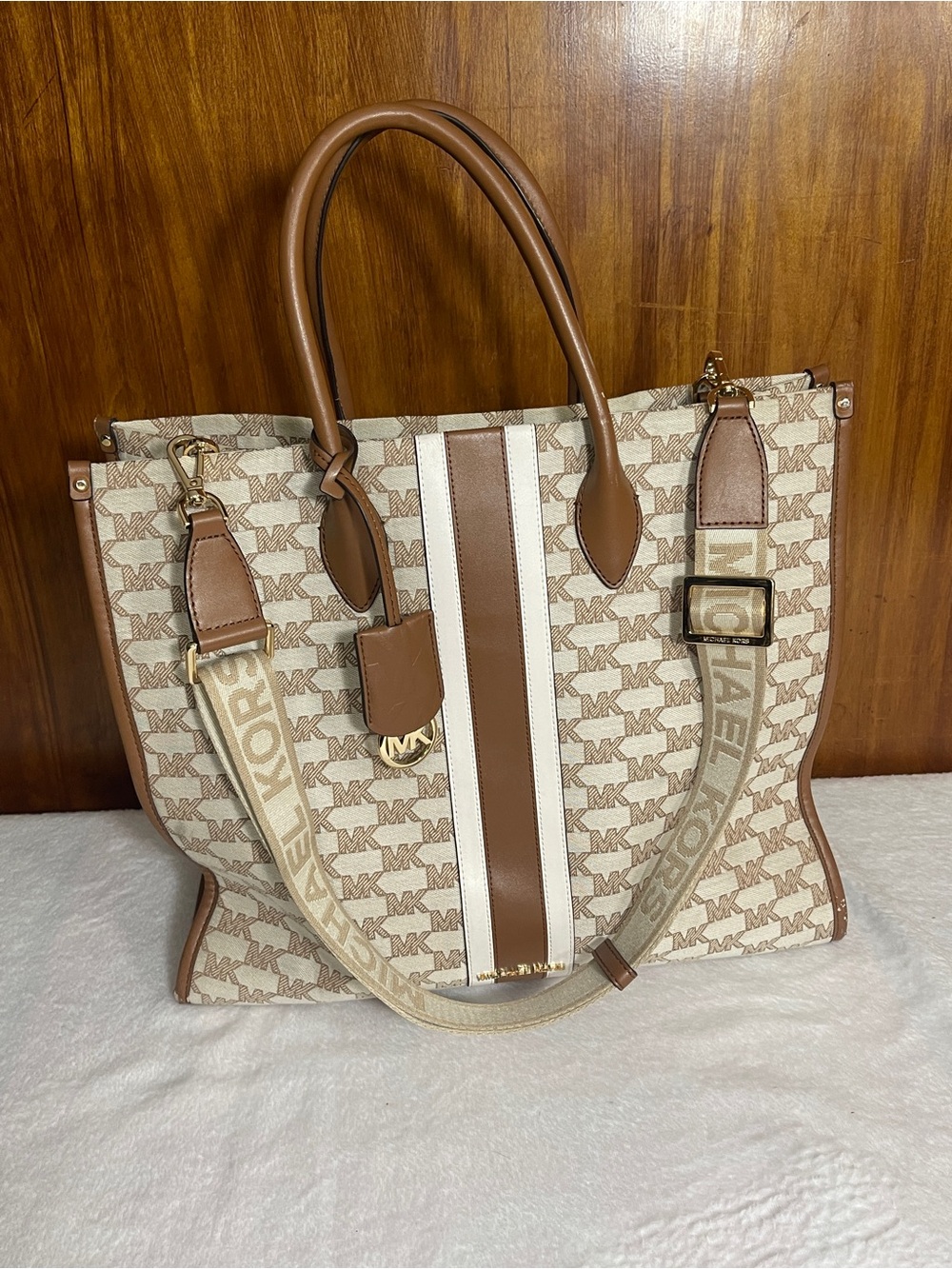 Michael Kors Beige Logo Tote with Brown and Cream Stripe